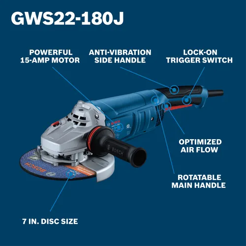 The Bosch GWS22-180J 7 In. Large Angle Grinder – 15 Amp on a walkaround view.
