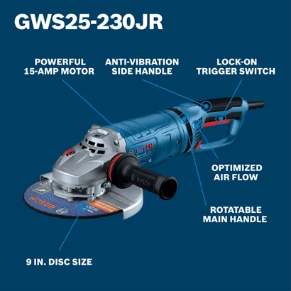 A walkaround image of the Bosch GWS25-230JR 9 In. Large Angle Grinder pointing to features of the grinder.