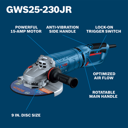 A walkaround image of the Bosch GWS25-230JR 9 In. Large Angle Grinder pointing to features of the grinder.