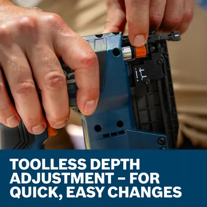 The worker holding the Bosch GNH18V-35N 18V Brushless 23 Gauge Pin Nailer.