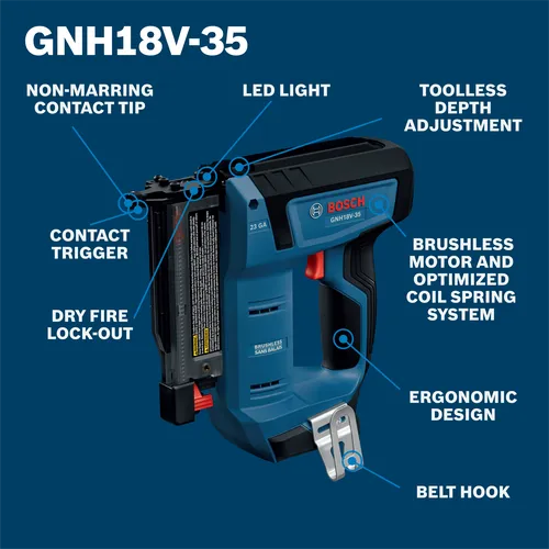 The Bosch GNH18V-35N 18V Brushless 23 Gauge Pin Nailer in a walkaround view.