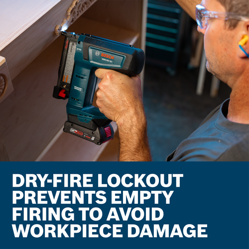 The worker using the Bosch GNH18V-35N 18V Brushless 23 Gauge Pin Nailer to nail pieces of wood.