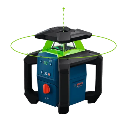 The Bosch GRL18V-4-34CVG 18V Green-Beam Horizontal/Vertical Rotary Laser on product image dynamic view with laser on.