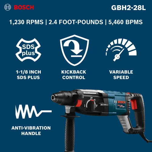 The Bosch GBH2-28L SDS-plus® Bulldog™ Xtreme Max 1-1/8 In. Rotary Hammer with a product information and features.