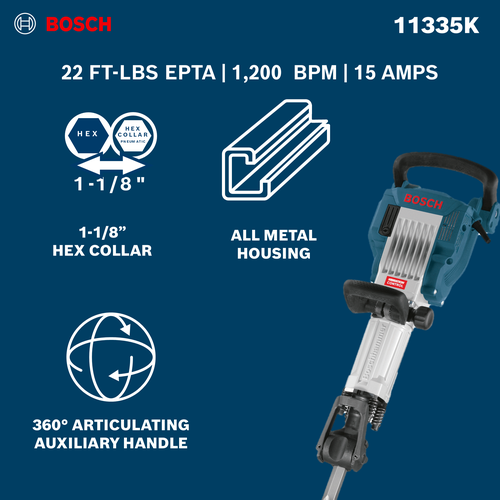 The Bosch 11335K Jack 35 Lb. 1-1/8 In. Hex Breaker Hammer with a product information and features.