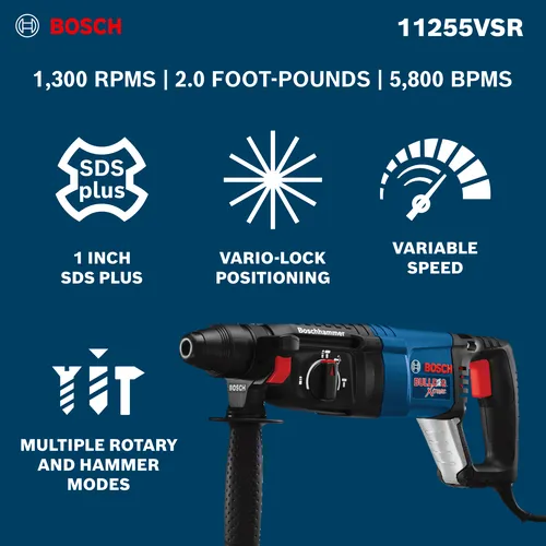 The Bosch 11255VSR SDS-plus® Bulldog™ Xtreme 1 In. Rotary Hammer with a product information and features.