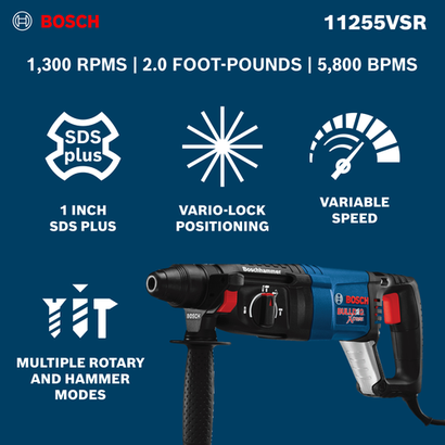 The Bosch 11255VSR SDS-plus® Bulldog™ Xtreme 1 In. Rotary Hammer with a product information and features.