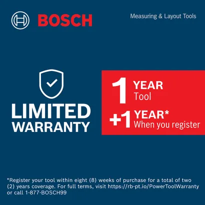 Image of limited warranty of Bosch GMS120-27 Wall Scanner on a blue background.