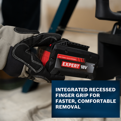 Image of the Expert 18V battery showing that it has integrated recessed finger grip for faster, comfortable removal.