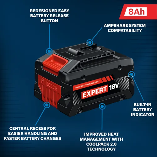 The Bosch EXBA18V-80 EXPERT 18V Lithium-Ion 8 Ah High Power Battery on a walkaround view.