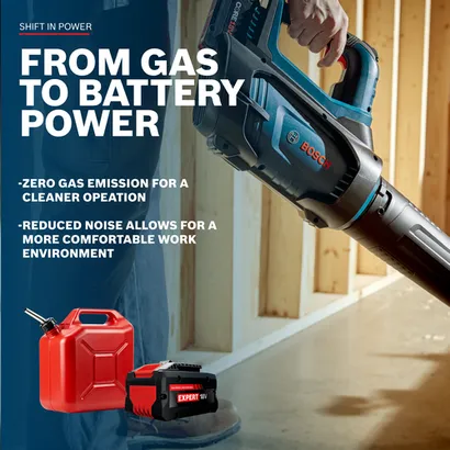 Image of a worker using a Bosch GBL18V-450N PROFACTOR™ 18V Blower with information about the battery.