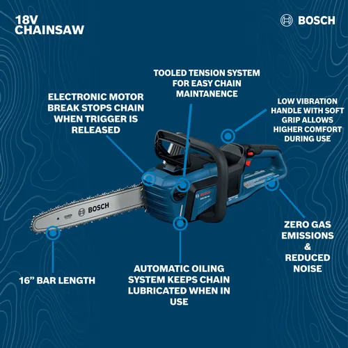 Image of Bosch GKE18V-40N 18V 16 In. Chainsaw (Bare Tool) on walkaround view in a blue background.