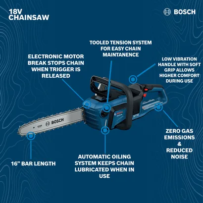 Image of Bosch GKE18V-40N 18V 16 In. Chainsaw (Bare Tool) on walkaround view in a blue background.