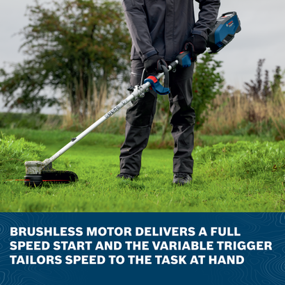 Image of worker using the Bosch GRT18V-40N 18V Brushless String Trimmer to cut grass on a plot of land.