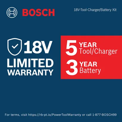 Image of the 5-year limited warranty for 18V tools and charger, and 3-years for battery,