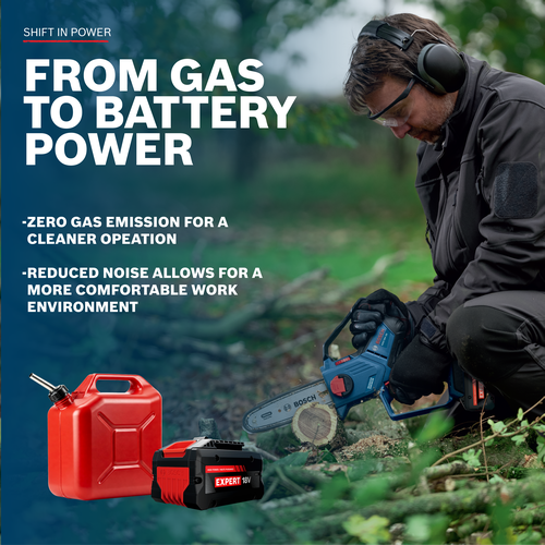 Image of worker using the Bosch GKE18V-20 18V Pruning Saw to cutting a thick branch on a outdoor area.