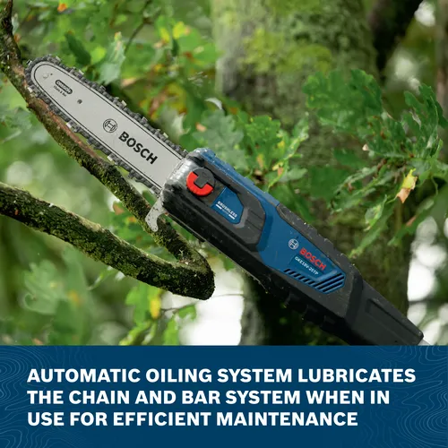 Image of worker using the Bosch GKE18V-25TPN 18V 10 In. Pole Chainsaw to cut tree branches.