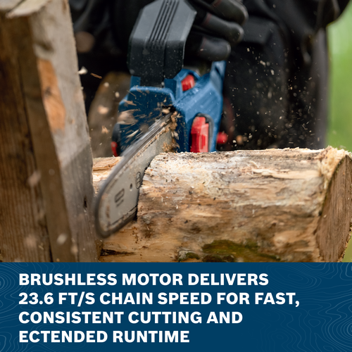 Image of worker using the Bosch GKE18V-20 18V 8 In. Pruning Saw to cut a tree trunk on a outdoor area.