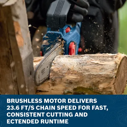 Image of worker using the Bosch GKE18V-20 18V 8 In. Pruning Saw to cut a tree trunk on a outdoor area.