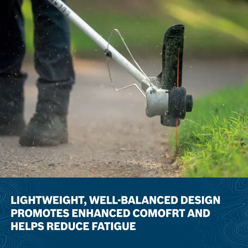 Close-up image of worker using the Bosch GRT18V-40N 18V Brushless String Trimmer to mow the grass in a backyard.