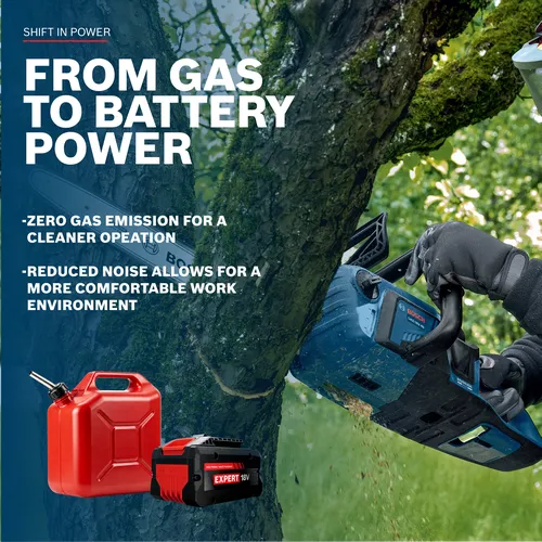 Worker using a Bosch GKE18V-40N 18V 16 In. Chainsaw (Bare Tool) with battery claim used in the product.