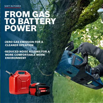 Worker using a Bosch GKE18V-40N 18V 16 In. Chainsaw (Bare Tool) with battery claim used in the product.