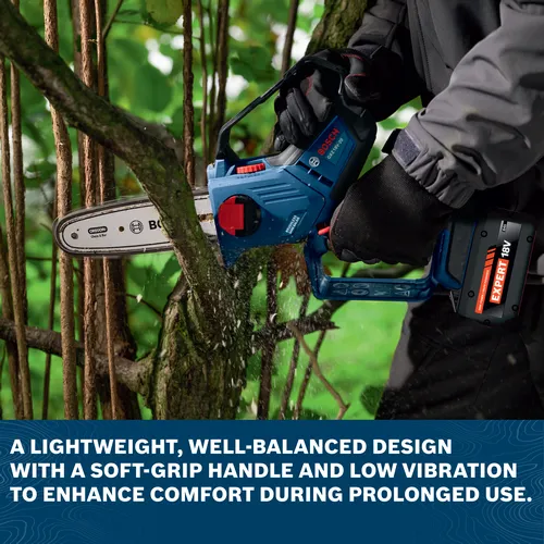 Image of worker using the Bosch GKE18V-20 18V 8 In. Pruning Saw to cut branches in an outdoor area.