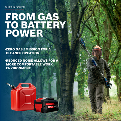 Worker using the Bosch GKE18V-25TPN 18V 10 In. Pole Chainsaw to cut tree branches in the woods.