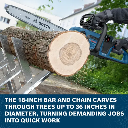 Image of a worker using the Bosch GKE18V-40N 18V 16 In. Chainsaw (Bare Tool) to cut a tree trunk in an outdoor area.