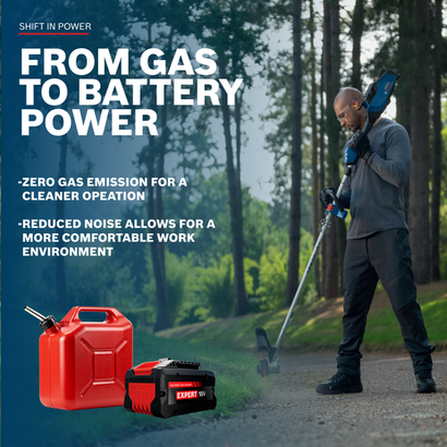 Image of worker using the Bosch GRT18V-40N 18V Brushless String Trimmer at outdoor area with and battery information.