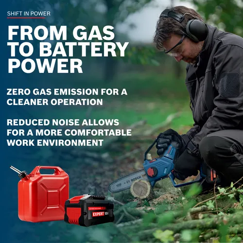 Image of worker using the Bosch GKE18V-20 18V Pruning Saw to cutting a thick branch on a outdoor area.