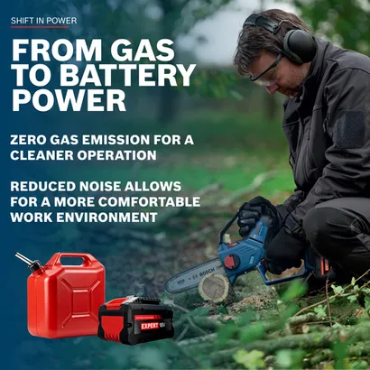 Image of worker using the Bosch GKE18V-20 18V Pruning Saw to cutting a thick branch on a outdoor area.