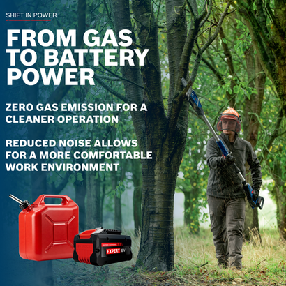 Worker using the Bosch GKE18V-25TPN 18V 10 In. Pole Chainsaw to cut tree branches in the woods.