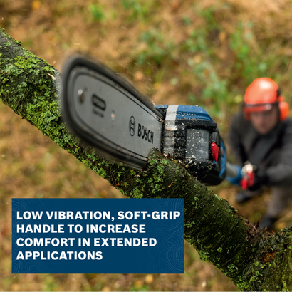 Image of worker using the Bosch GKE18V-25TPN 18V 10 In. Pole Chainsaw to cut tree branches on the top.