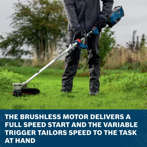 Image of worker using the Bosch GRT18V-40N 18V Brushless String Trimmer to cut grass on a plot of land.