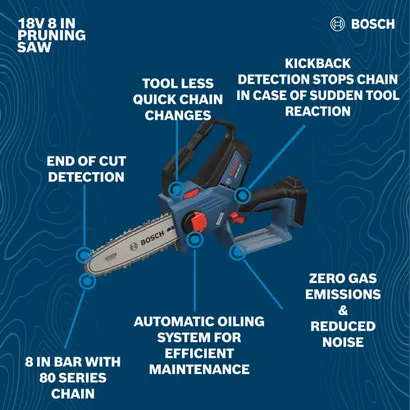 Image of Bosch GKE18V-20N 18V 8 In. Pruning Saw on walkaround view in a blue background.