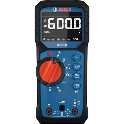Bosch GDM600-15 digital multimeter front profile product image with screen on and on a white background.