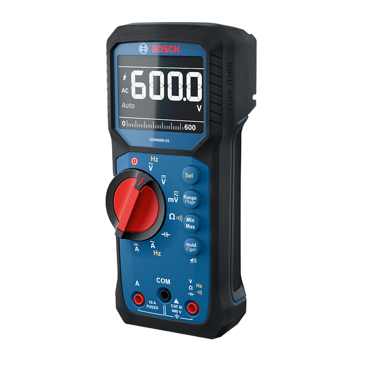 Bosch GDM600-15 digital multimeter product image with the screen on in an isometric view on a white background.