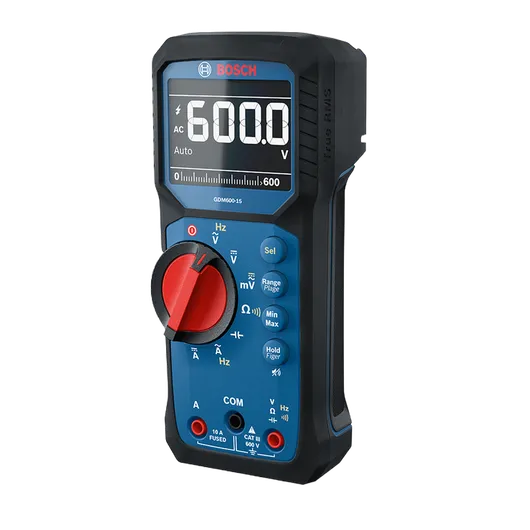 Bosch GDM600-15 digital multimeter product image with the screen on in an isometric view on a white background.