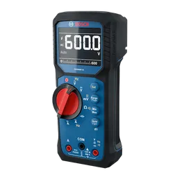 Bosch GDM600-15 digital multimeter product image with the screen on in an isometric view on a white background.