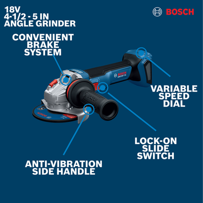 Image of Bosch GWS18V-11SN 18V 4-1/2 5 In. Angle Grinder on a walkaround view.