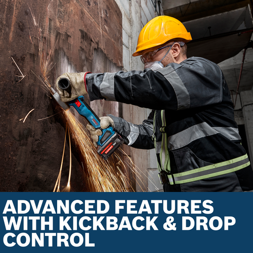 Image of worker using the Bosch GWS18V-11SN 18V 4-1/2 5 In. Angle Grinder to cut a metal plate.