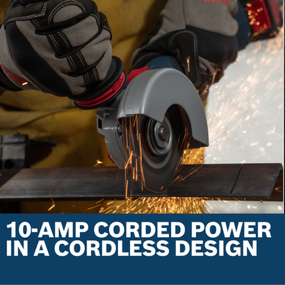 Image of worker using the Bosch GWS18V-11SN 18V 4-1/2 5 In. Angle Grinder to cut a metal plate.