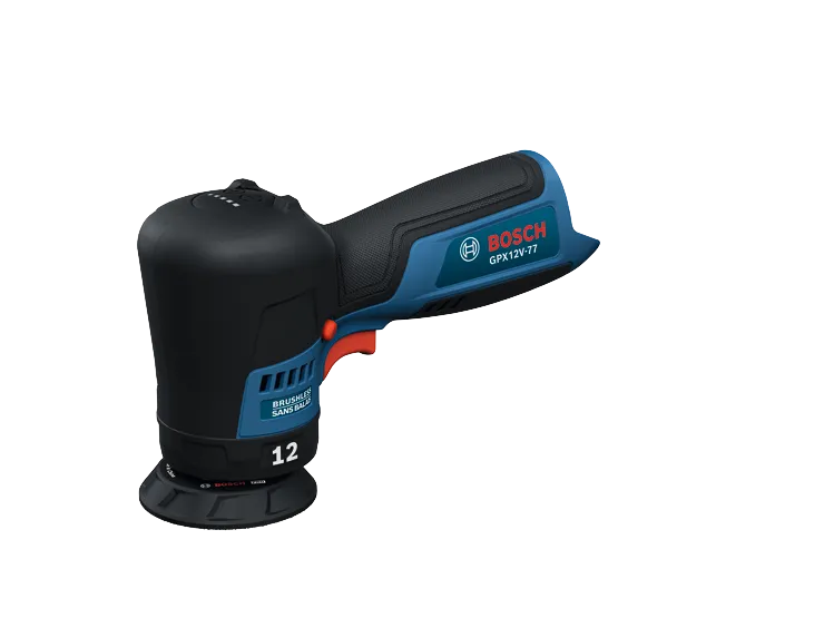 The Bosch GPX12V-77 12V Cordless Automotive Polisher in a product image dynamic view on a white background.