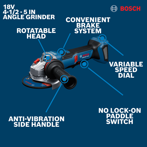 Image of Bosch GWS18V-11PSN 18V 4-1/2 - 5 In. Angle Grinder on a walkaround view.