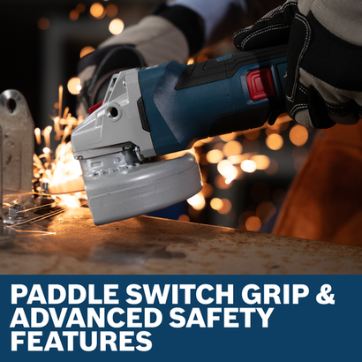 Image of worker grinding a metal with a Bosch GWS18V-11PSN 18V 4-1/2 - 5 In. Angle Grinder.