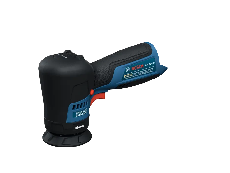 The Bosch GPO12V-77 Automotive Cordless Polisher in a product image dynamic view on a white background.