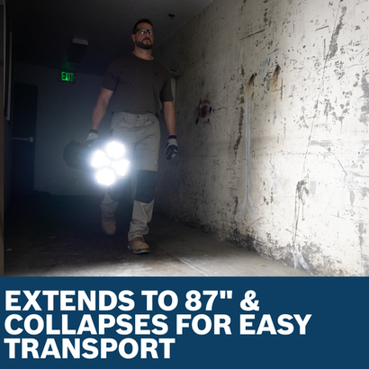 Image of worker using the Bosch GLT18V-5000N 18V Tower Light to light up a dark hallway.