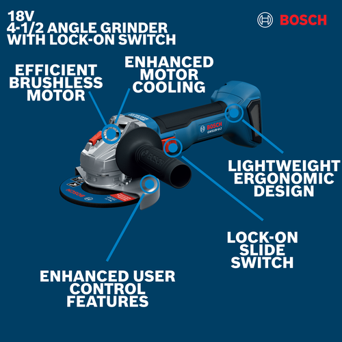 Image of Bosch GWS18V-8-2 18V 4-1/2 In. Angle Grinder with Slide Switch on a walkaround view.