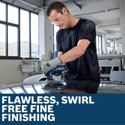 Image of worker using the Bosch GEX12V-77N 12V 3 In. Random Orbital Sander  to finish a car.